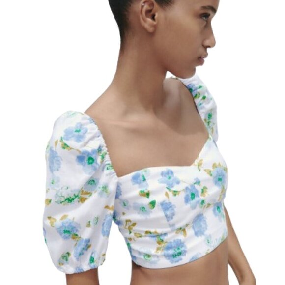 NWOT ZARA White floral linen sweetheart neckline puff sleeve crop top - Picture 1 of 13